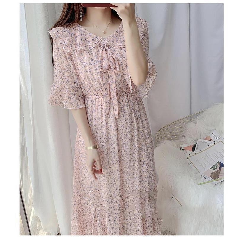 ワンピース レディース 花柄 シフォンワンピース ロング丈 フレア Aライン 半袖 ビッグカラー |  | 04