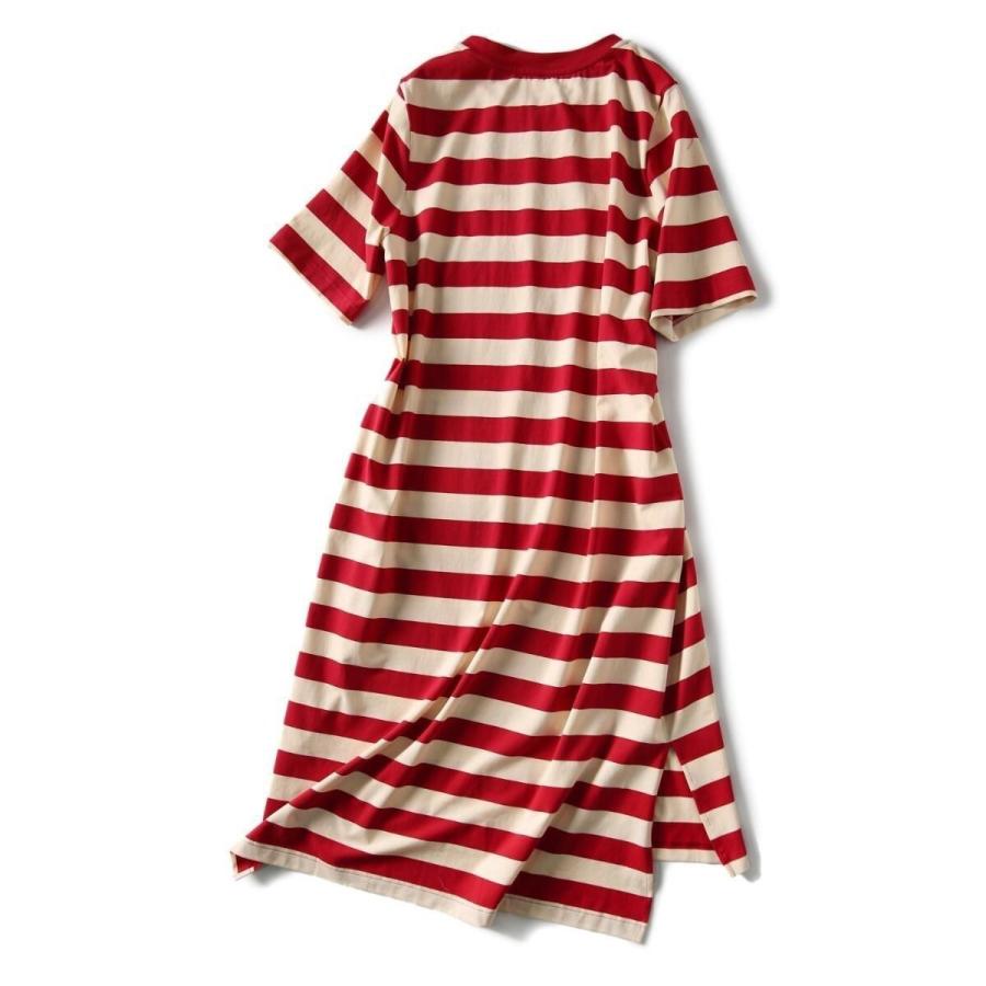 Tシャツワンピース ワンピース レディース ボーダー ロゴ入り カットソー スリット クルーネック 膝丈 |  | 12