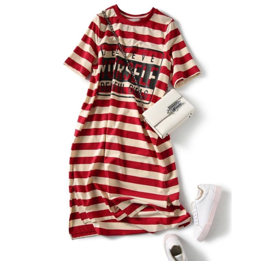 Tシャツワンピース ワンピース レディース ボーダー ロゴ入り カットソー スリット クルーネック 膝丈 |  | 08