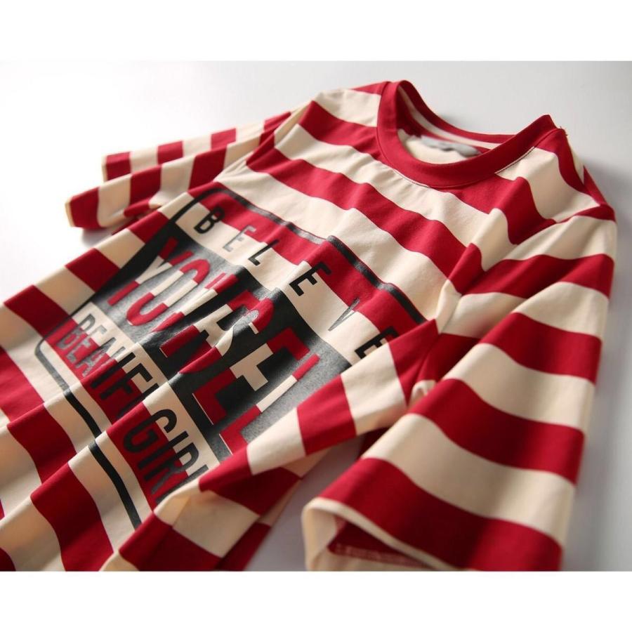 Tシャツワンピース ワンピース レディース ボーダー ロゴ入り カットソー スリット クルーネック 膝丈 |  | 09