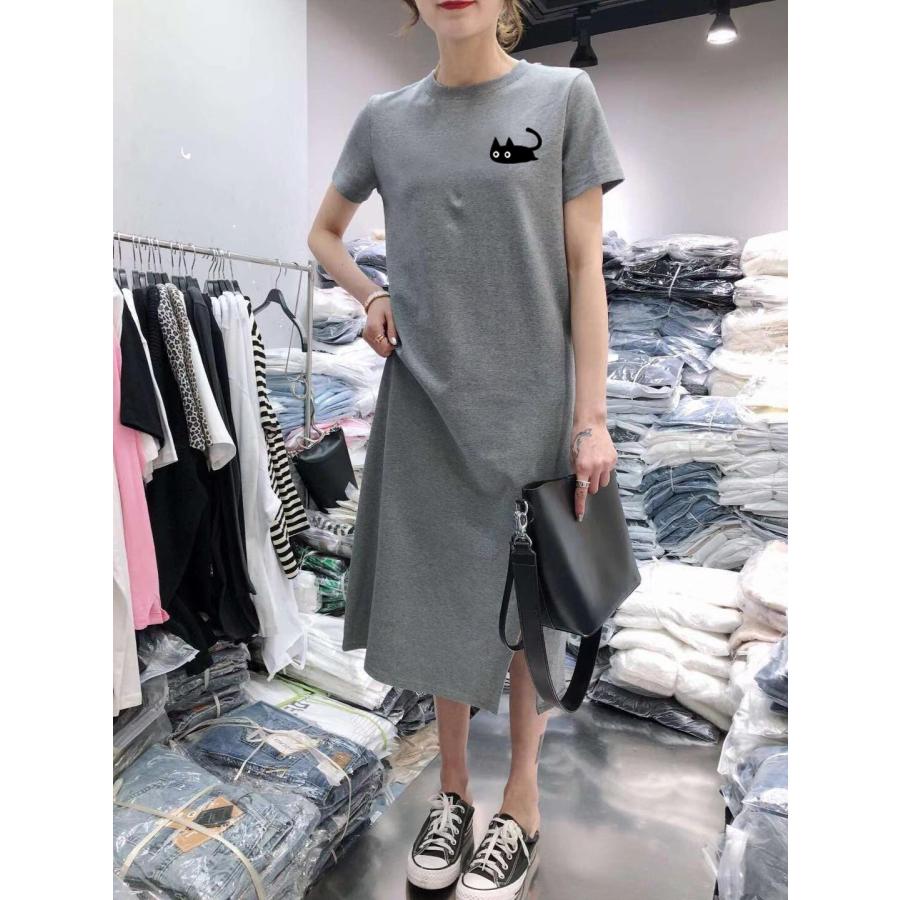 Tシャツワンピース ワンピース レディース ロング 半袖 スリット カットソー 猫 ネコ 大きいサイズ 丸首 |  | 03