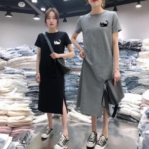 Tシャツワンピース ワンピース レディース ロング 半袖 スリット カットソー 猫 ネコ 大きいサイズ 丸首 |  | 04