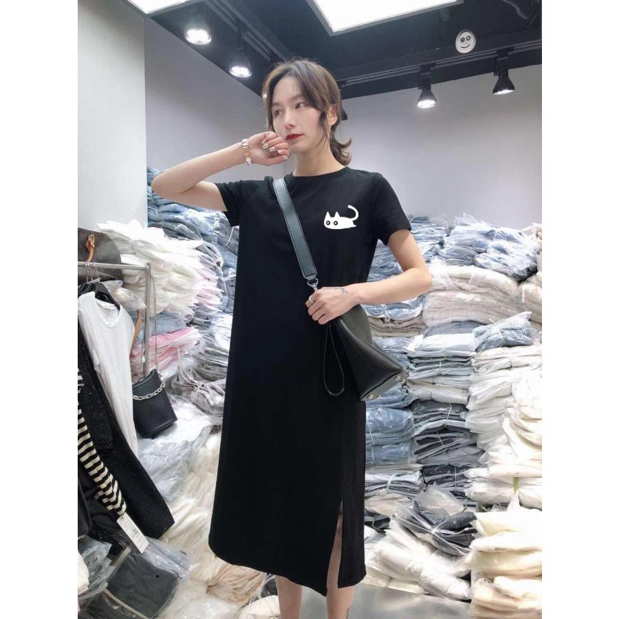 Tシャツワンピース ワンピース レディース ロング 半袖 スリット カットソー 猫 ネコ 大きいサイズ 丸首 |  | 05