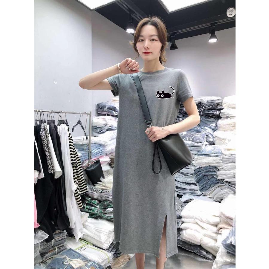 Tシャツワンピース ワンピース レディース ロング 半袖 スリット カットソー 猫 ネコ 大きいサイズ 丸首 |  | 06
