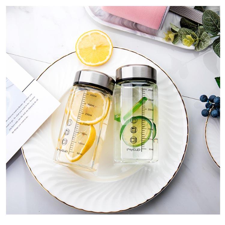 透明 直飲み ガラスボトル 水筒 クリアボトル 目盛り付き 耐熱ガラス