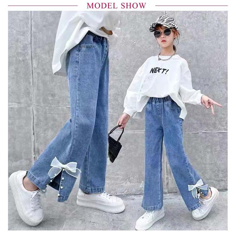 デニムパンツ 子供 女の子 レース付き リボン ダメージ スリット パール フレアパンツ 裾フレア パンツ デニム ジーパン パンツ キッズ デニム |  | 07