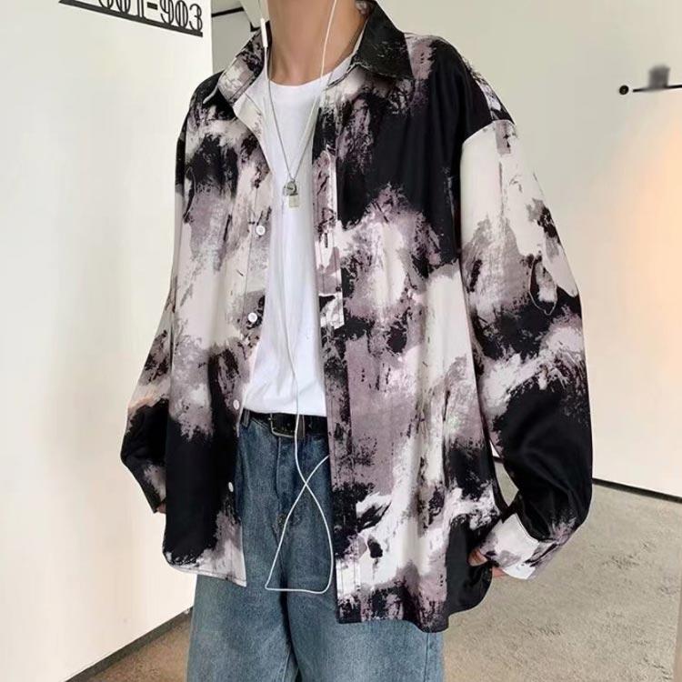 柄シャツ プリント オーバーサイズ シャツ メンズ モノトーン 長袖