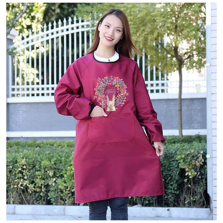 大きなポケット 防水 裏起毛 裏フリース 割烹着 長袖エプロン ウサギ