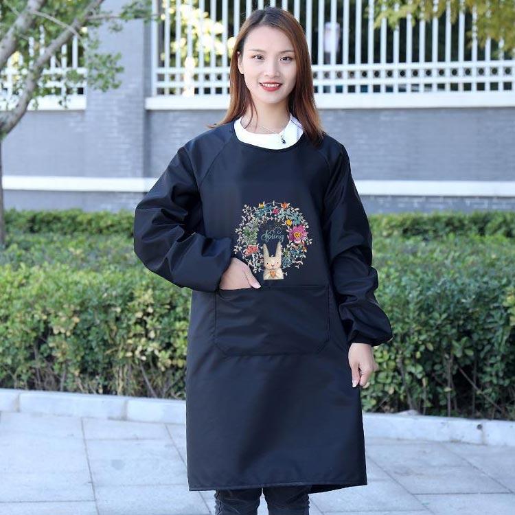 大きなポケット 防水 裏起毛 裏フリース 割烹着 長袖エプロン ウサギ