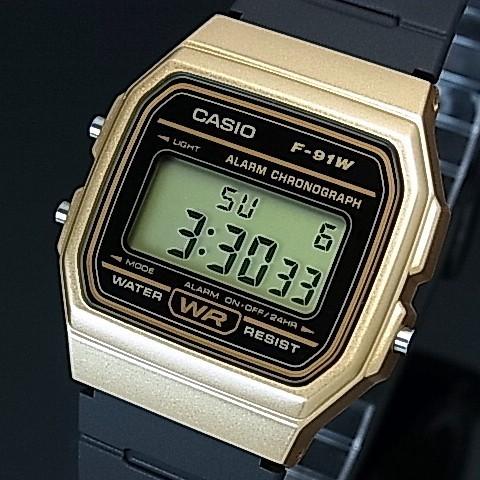 CASIO Standard カシオ スタンダード アラームクロノ メンズ腕時計 軽量・薄型デジタルモデル ゴールドケース ラバーベルト 海外モデル F-91WM-9A｜bright-bright