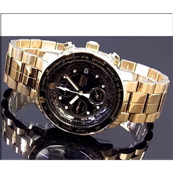 SEIKO セイコー アラームクロノグラフ パイロット メンズ腕時計 ゴールド メタルベルト ブラック文字盤 SNA414P1 海外モデル｜bright-bright｜02