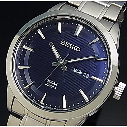 SEIKO セイコー ソーラー時計 メンズ腕時計 メタルベルト ネイビー文字