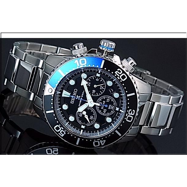 SEIKO PROSPEX プロスペックス セイコー ダイバーズ クロノ メンズ ソーラー腕時計 ブラック/ブルーベゼル メタルベルト ブラック文字盤 SSC017P1 海外モデル｜bright-bright｜02