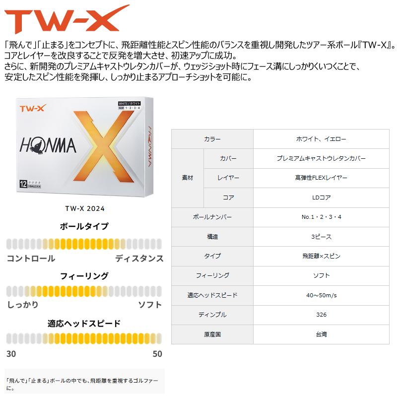 本間ゴルフ(ホンマ/HONMA) 2024 TW-X TW-S ウレタンカバー 3ピース ゴルフ ボール 1ダース (12球入) | TOUR WORLD | 08