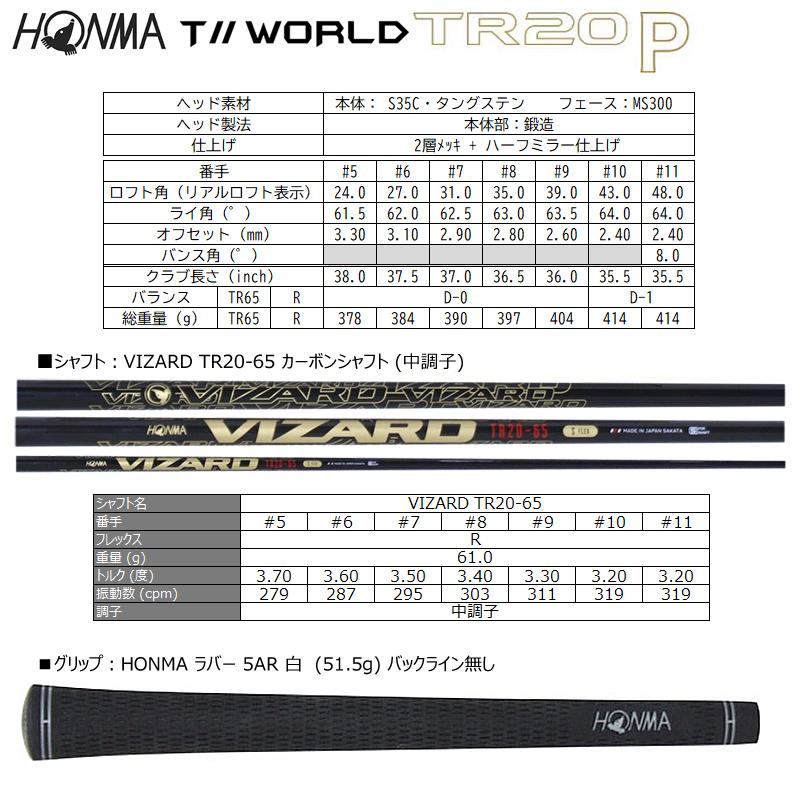 本間ゴルフ (ホンマ/HONMA) ツアーワールド TR20P アイアン 7本組(#5-#10.#11) ヴィザード TR20-65 カーボンシャフト (TW747後継モデル)の画像