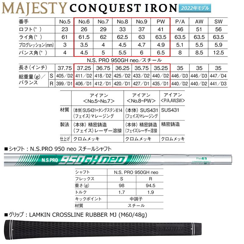 マジェスティ (MAJESTY) コンクエスト (2022 CONQUEST) アイアン 5本組(#6-#9.PW) 右用 N.S.PRO 950GH neo スチールシャフトの画像