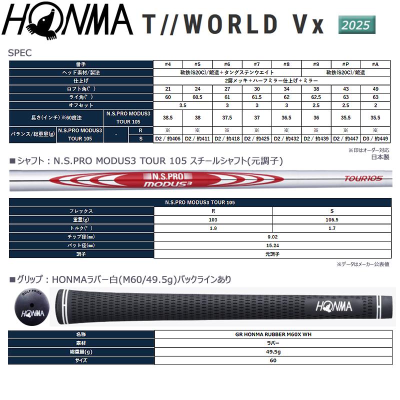 本間ゴルフ(ホンマ/HONMA) ツアーワールド TW-Vx 単品アイアン N.S.PRO MODUS3 TOUR 105 スチールシャフト 2025年モデルの画像