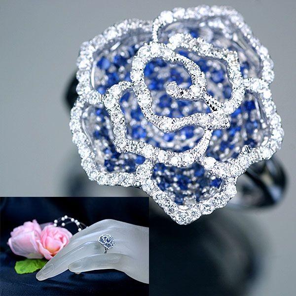 サファイア ダイヤモンド リング 指輪 バラ型(薔薇) K18WG ホワイト 