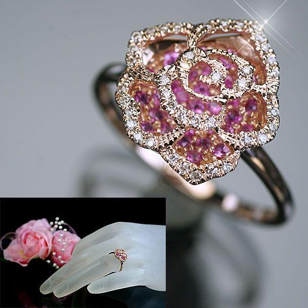 つやあり サファイア ダイヤモンド バラ型(薔薇型) リング 指輪 K18PG ピンクゴールド 天然ピンクサファイア0.40ct ダイヤ0.11ct  バラ型リング/送料無料 レディースアクセサリー