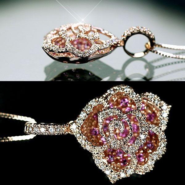 サファイア ダイヤモンド ネックレス バラ 薔薇型 K18PG ピンク  