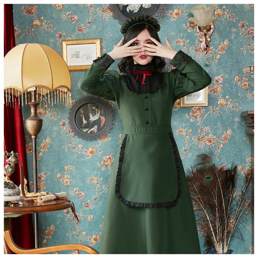 ハロウィン コスプレ 洋館メイド レディース 緑 半袖 メイド服