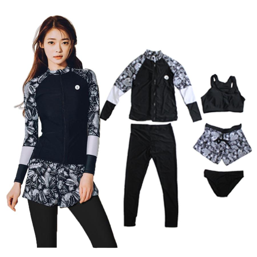 水着 レディース 体型カバー フィットネス ラッシュガード タンキニ ビキニ 5点セット タンクトップ レギンス 可愛い UVカット ボタニカル柄 ブラック |  | 01