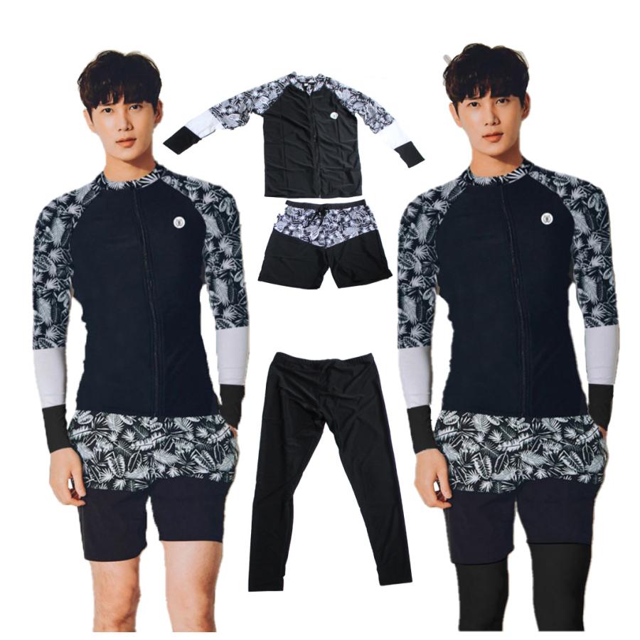 水着 メンズ ラッシュガード 長袖 トランクス サーフパンツ 上下セット フィットネス水着 3点セット 体型カバー ボタニカル柄 ブラック 黒 |  | 01