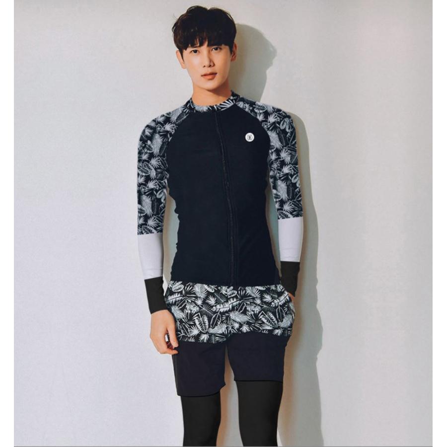 水着 メンズ ラッシュガード 長袖 トランクス サーフパンツ 上下セット フィットネス水着 3点セット 体型カバー ボタニカル柄 ブラック 黒 |  | 03