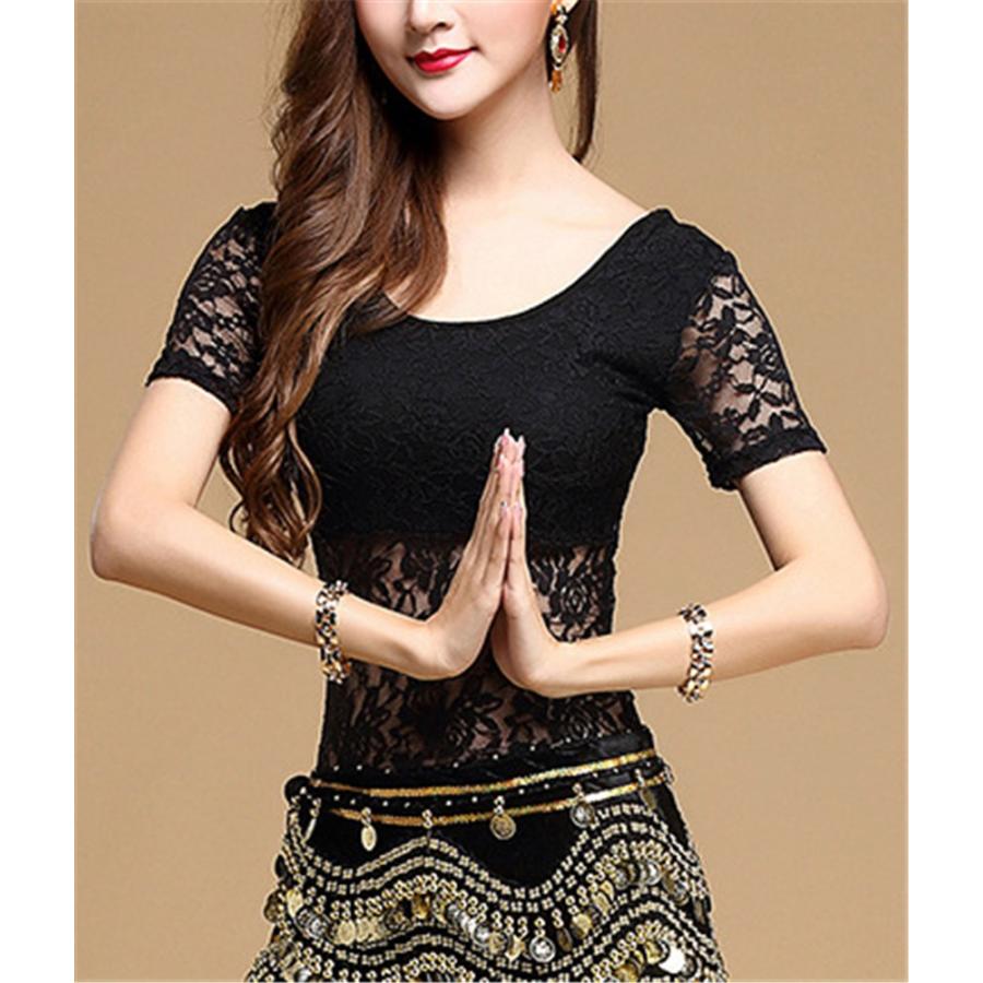 レディース ベリーダンス トップス Tシャツ レース 花柄 半袖 透け