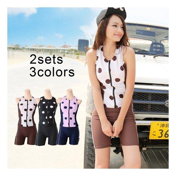 送料無料 激安 お買い得 キ フト フィットネス水着 セパレート レディース 上下セット 2点セット スイムウェア ノースリーブ スイムパンツ ジップアップ ドット柄 水玉模様 ショート