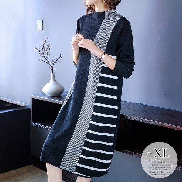 高価値 楽ちん ハイネック 千鳥格子 ボーダー 長袖 膝下 大きいサイズ レディース ワンピース 冬 秋 ニットワンピース 体型カバー Cg25 美人 ネイビーママ ワンピース サイズ Xl Panero Shop