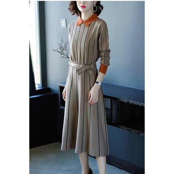 超歓迎 秋 ニットワンピース 冬 Cg51 オレンジお洒落 ベージュ 縦ライン レトロ風ワンピ クラシカル 襟付き ロングワンピース 大きいサイズ レディース ワンピース ワンピース サイズ S Www 11thspace Com