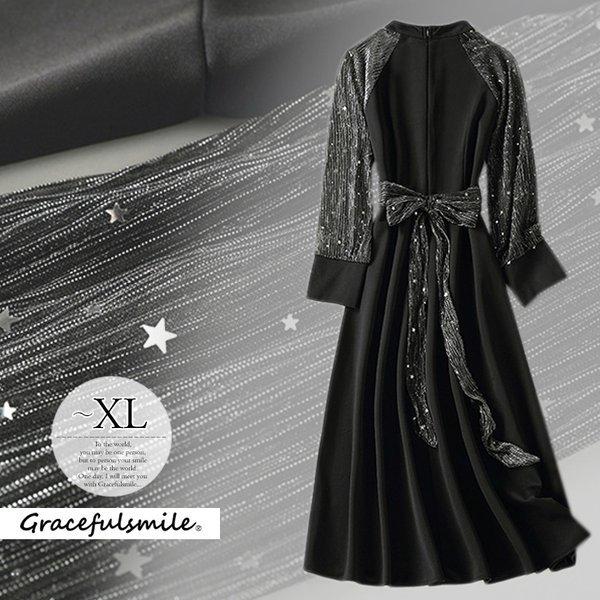 人気ブランドを ワンピース フレアワンピース 長袖 秋冬ワンピ バックリボン 後リボン ウエストマーク シック モード 袖デザイン 星 スター ブラック 結婚式 Cg87 在庫限り Diocesekabgayi Org