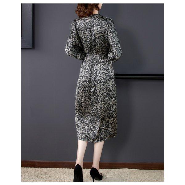 正規店仕入れの 膝下 ワンピース 総柄 Cg55 美人 おしゃれ 結婚式 リモート 可愛い シンプル ブラック清楚 ウエストリボン Vネック 大人 ワンピ エレガント スリット 七分袖 総柄 膝下 ワンピース 大人ワンピ エレガント スリット 七分袖 ワンピース チュニック