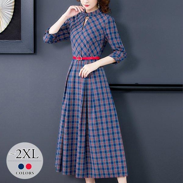 品質のいい クラシカル ジップアップ 総柄 肌見せ チェック柄 七分袖 膝下 フレアワンピ ワンピース シック Cg71 ナチュラル きれいめ レッド女子旅 ブルー 大人可愛い ワンピース カラー ブルー Michiganestateplanning Com
