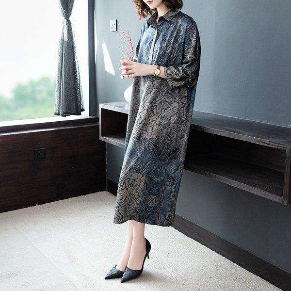 国内配送 ワンピース シャツワンピ 長め 長袖 花柄 総柄 モード クール 体型カバー 着痩せ ざっくり 楽ちん ブルー女子会 リラックス リモート パーティ お洒落 Cg80 年最新海外 Www Doctor Plan Com