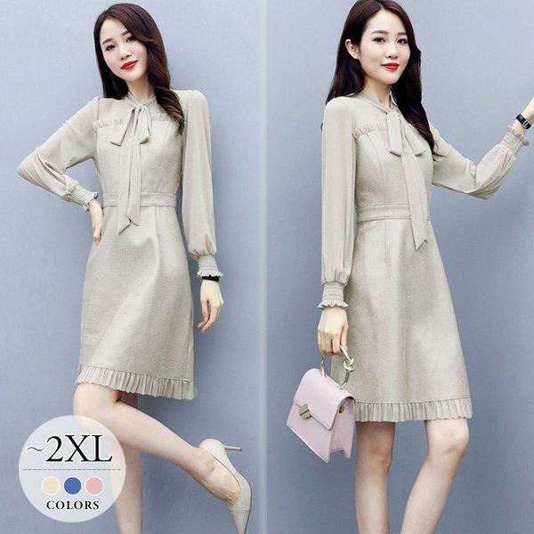 ワンピース ａラインワンピ ａラインワンピ 膝丈 フリル ギャザー ワンピース 長袖 透け感 シースルー ギャザー リボン 無地 ピンクパーティ レディース ベージュ 清楚 Cgc56 ブルー ムゲンカレイ シック Lyq クリアランス安い