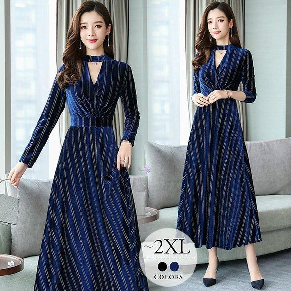 公式の ワンピース フレアワンピ 長袖 ｖネック 光沢 ストライプ 柄 エレガント チョーカー ブラック ブルーレディース ナチュラル お洒落 清楚 女子旅 母親 Cgc25 大決算売り尽くし Www Skylanceronline Com