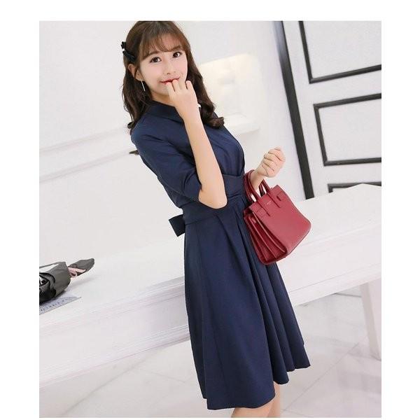 レディース ウエストクロスリボンデザイン 襟付き ５分袖 ひざ丈 ネイビーワンピース オフィス 仕事用 上品 Nuqnaudoac ムゲンカレイ 通販 Yahoo ショッピング