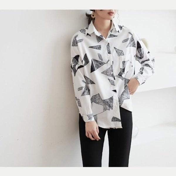 柄シャツ 長袖シャツ ブラウス 総柄 モノトーン レトロ レディース トップス 個性的 オシャレ きれいめ トライアングル 幾何学 Scuixgnahc ムゲンカレイ 通販 Yahoo ショッピング