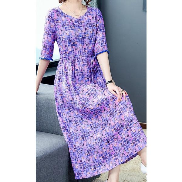 お気にいる ワンピース ワンピ 大人ワンピ 五分袖 半袖 総柄 花柄 リボン ドロスト ポケット ゆったり ラフ 楽ちん 体型カバー 上品 きれいめ 珍しい O79 ワンピース カラー 1 Color Auto Didact Nl