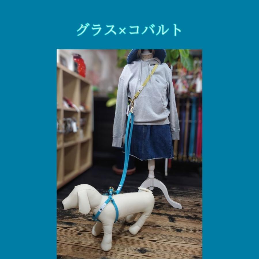 ショルダーリード 犬 リード 日本製 小型犬 中型犬 ２cm幅 バイカラー ハンズフリー 肩掛け ウエストリード 倉敷製帆布 多機能 丈夫 おしゃれ 長さ調節可の画像