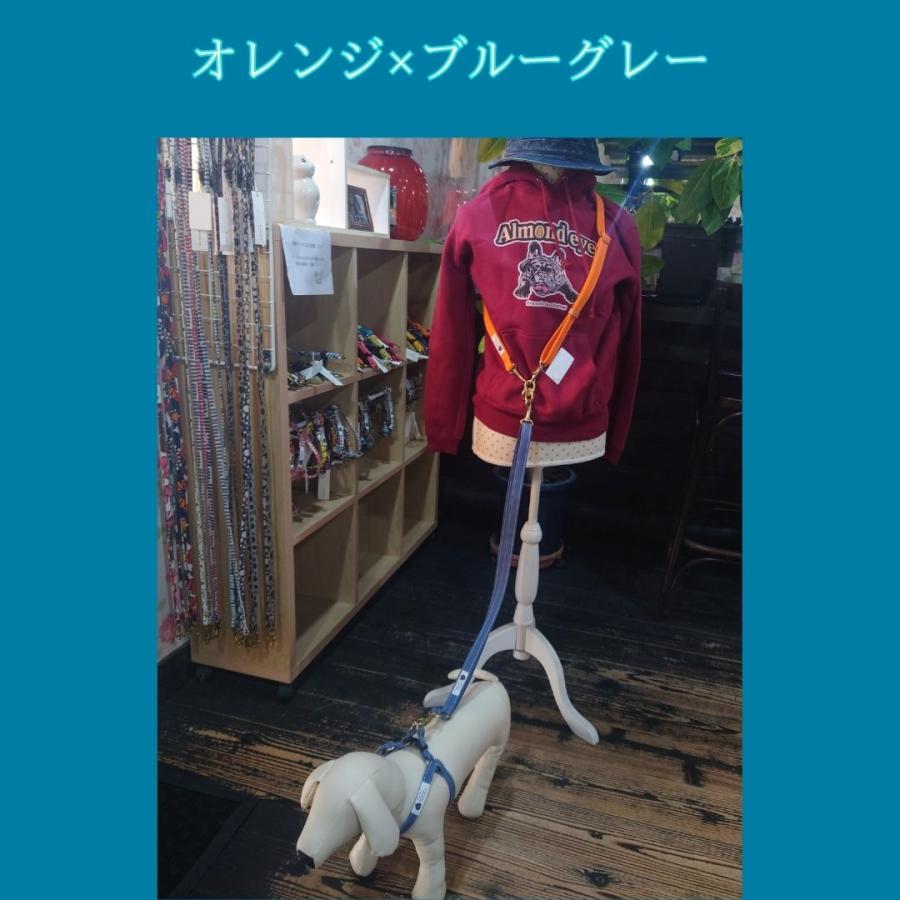 ショルダーリード 犬 リード 日本製 小型犬 中型犬 ２cm幅 バイカラー ハンズフリー 肩掛け ウエストリード 倉敷製帆布 多機能 丈夫 おしゃれ 長さ調節可の画像