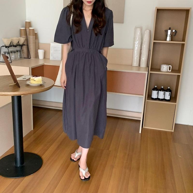 ブランドのギフト ロングワンピース Vネック レディース ワンピース 半袖 大人 ハイウエスト 5分袖 カジュアル シンプル ワンピース カラー グレー Www We Job Com