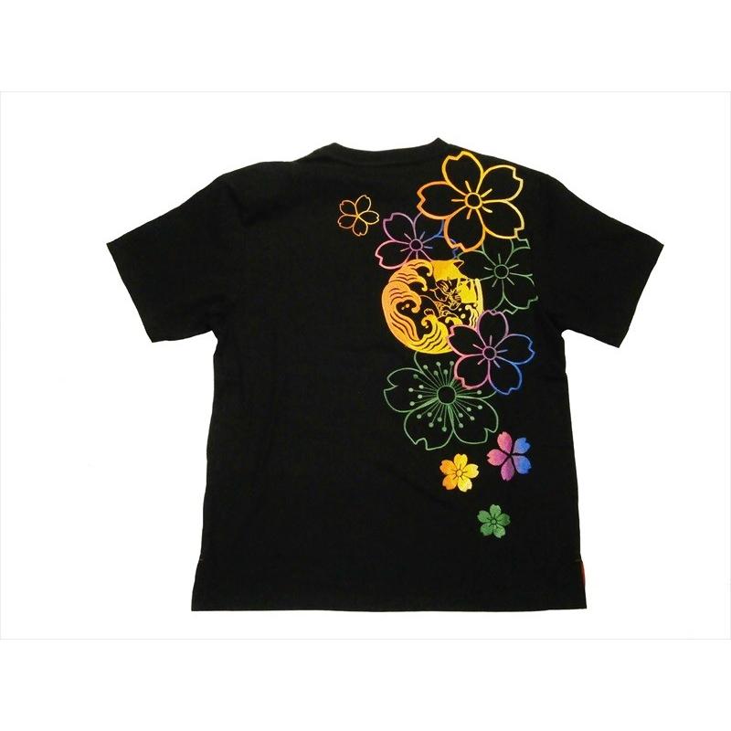 錦 にしき 半袖Tシャツ 588203 和柄刺繍 「虹色猫桜」柄 半袖Tシャツ