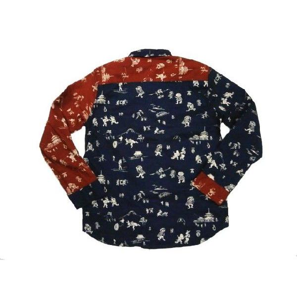 高級品市場 泥棒日記 送料無料 どろぼうにっき ネイビー ワイン 長袖シャツ 変型ポケット クレイジー切替 鳥獣戯画 柄 Dw9607 和柄シャツ シャツ カジュアルシャツ