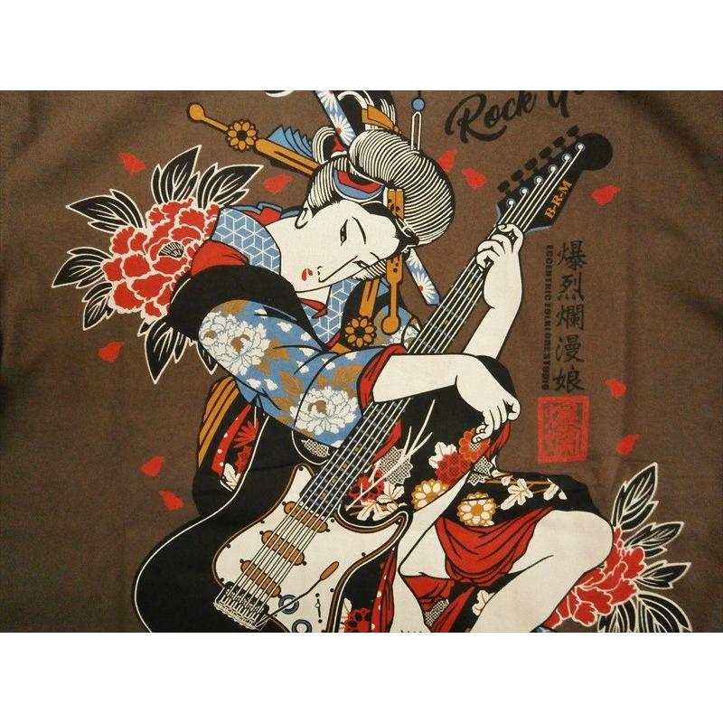 爆裂爛漫娘 (爆烈爛漫娘)/b-r-m/エフ商会 半袖Tシャツ RMT-292 "芸者×ギター" 和柄Tシャツ Lブラウン｜bros-clothing｜02