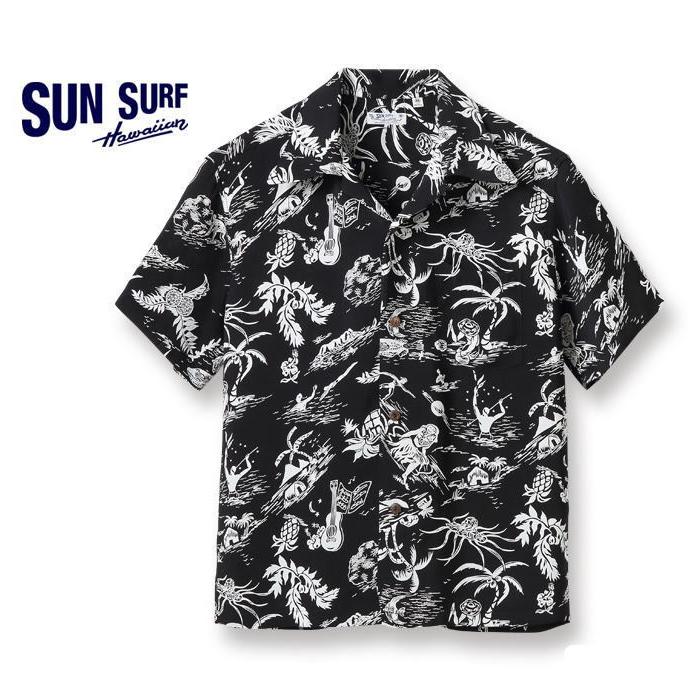 SUN SURF サンサーフ アロハシャツ SS38580 "HISTORY OF PARADISE" レーヨン・半袖ハワイアンシャツ ブラック :SS38580a:ブロスクロージング 通販 ロゴ 総柄 モノクロ 旅行 カジュアル 普段着 黒 白
