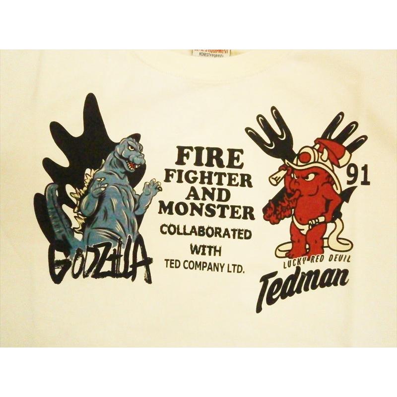 テッドマン TEDMAN×ゴジラ Godzilla コラボ半袖Tシャツ TDGZ-100 『ファイヤーファイターテッド』抜染プリント アメカジTシャツ オフホワイト｜bros-clothing｜04