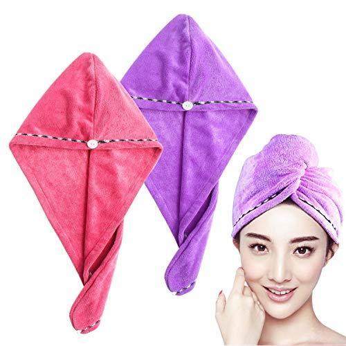 人気激安 Frcolor Ultra Absorbent Hair Drying Towel Hair Turban Drying Cap Hair Wrap with Button, Pack of 2 タオル